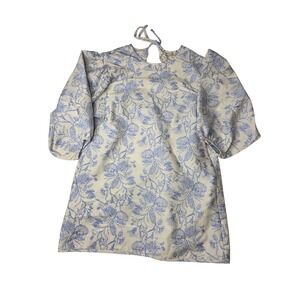 BEFORE YOU Blue Floral Puff Sleeve Tie Neck Mini Dress Size S